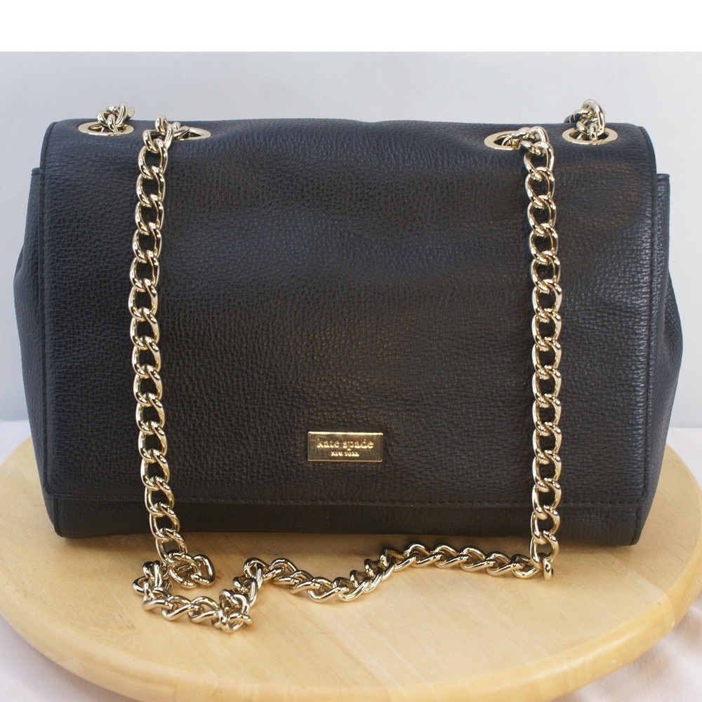 Kate Spade‎ New York Black Pebbled Leather Flap Shoulder Bag Gold Chain Strap